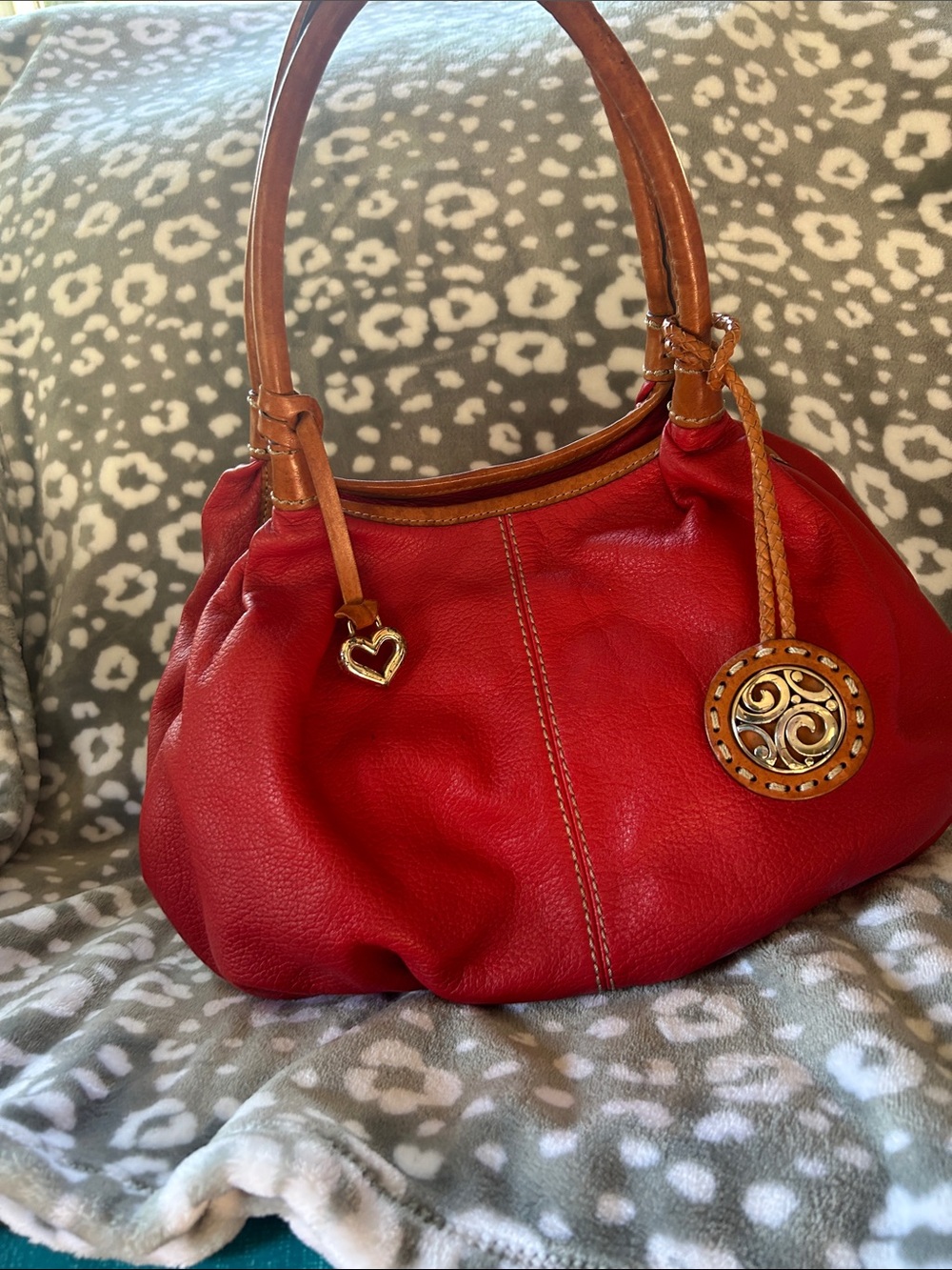 Brighton Red Leather Satchel with Tan Trim and Heart Charm